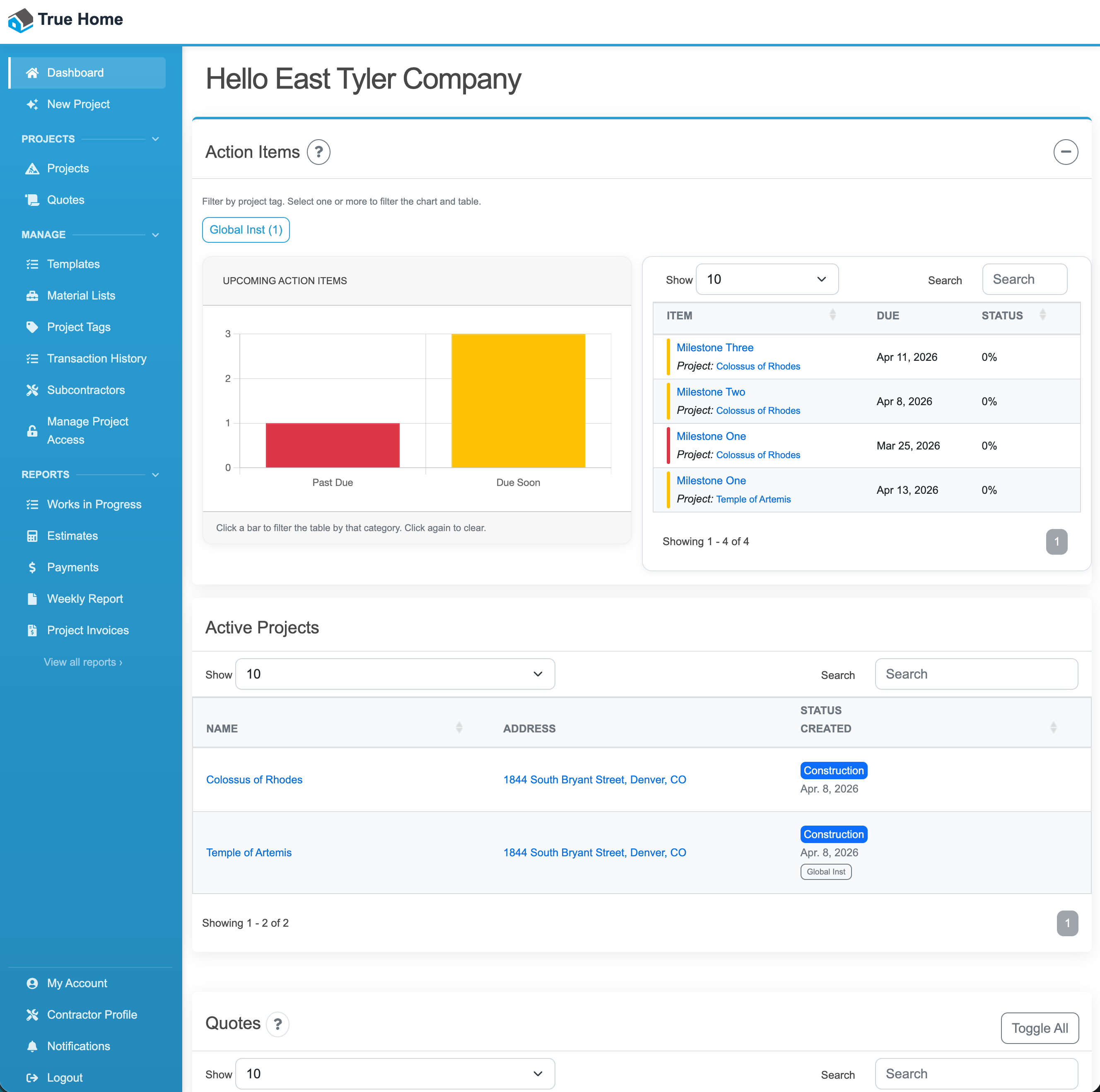 True Home contractor dashboard showing action items, active projects, and quotes